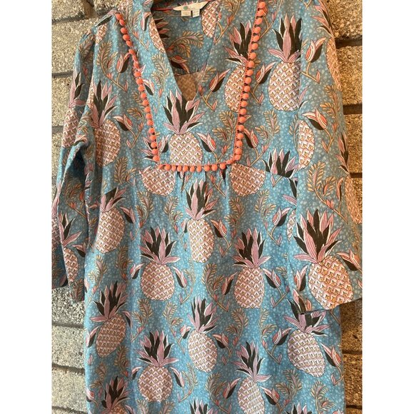 Boden Womens Tunic Top Size 6R Pineapple Print Blue & Pink Bohemian Style Cotton - Picture 3 of 14
